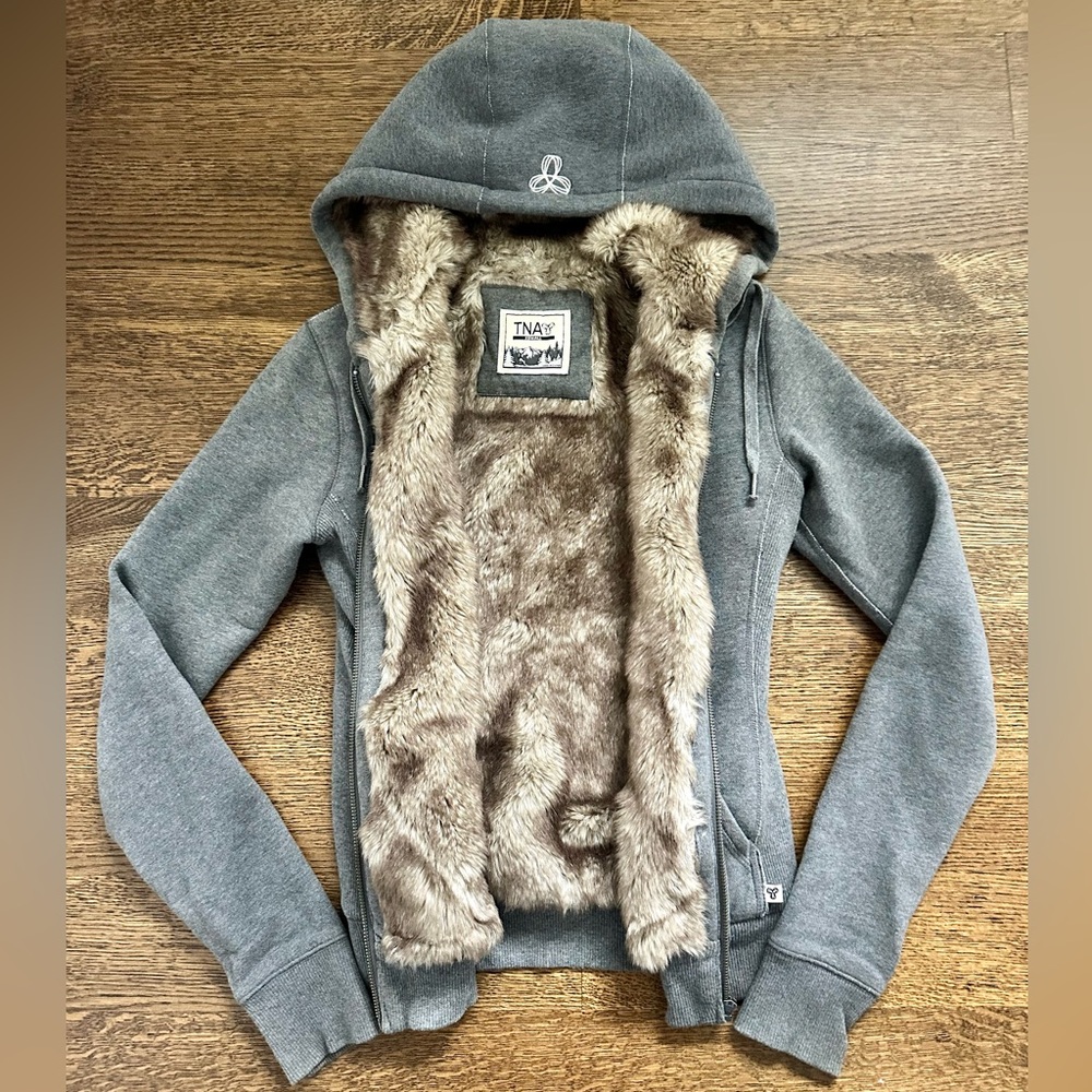 Womens TNA Faux Fur Lined Hoodie Light Grey l Size XSmall